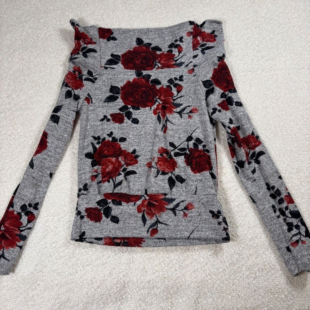 BCX y2k gray black red floral off shoulder sweater coquette chic romantic goth - Picture 4 of 6